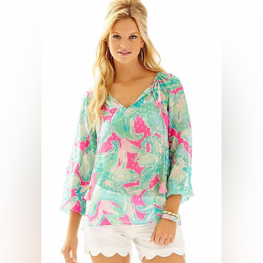 Lilly Pulitzer Rilla Sheer Tropical Pink Sands With Gold Metallic Blouse - Small